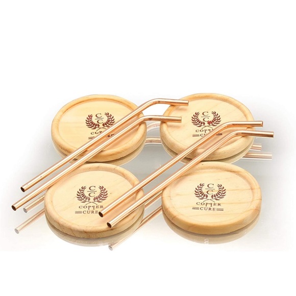 Pure Copper Hammered Mugs with Copper Straws & Wooden Coasters Set of 4 - Picture 8 of 8